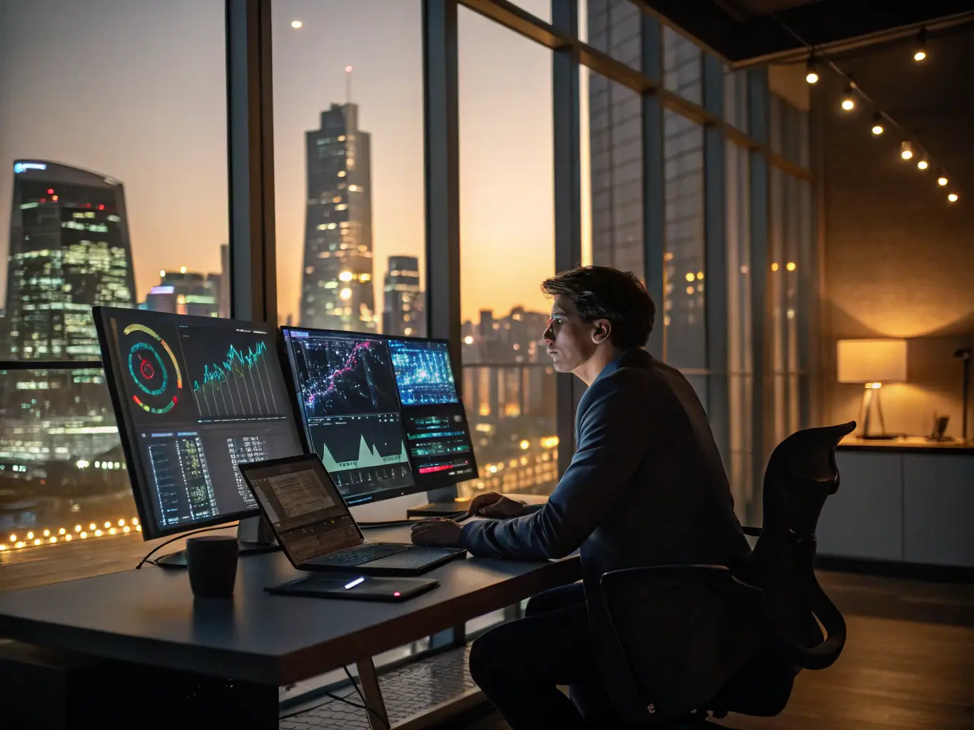 A business analyst is reviewing extracted data on a dashboard, highlighting key trends and insights for strategic decision-making. The scene is set in a modern office environment.