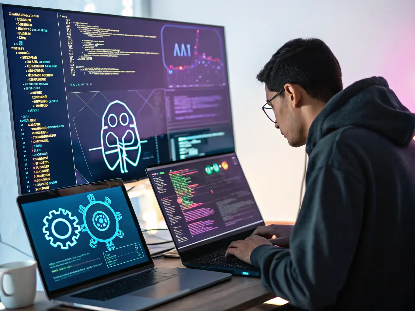An image showing a developer working on a web scraping dashboard with code snippets and data visualizations, highlighting the customization and precision of Zylixone's custom web scraping solutions.