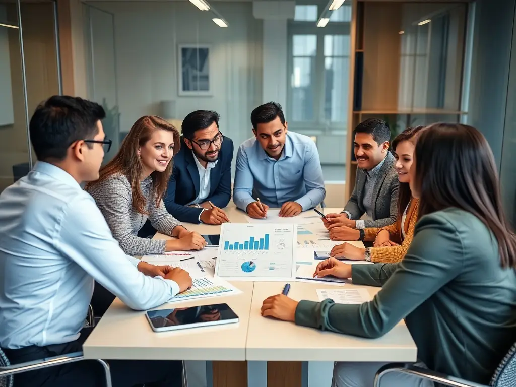 A startup team is collaborating around a table, using extracted data to refine their business strategy and identify new market opportunities. The atmosphere is energetic and innovative.